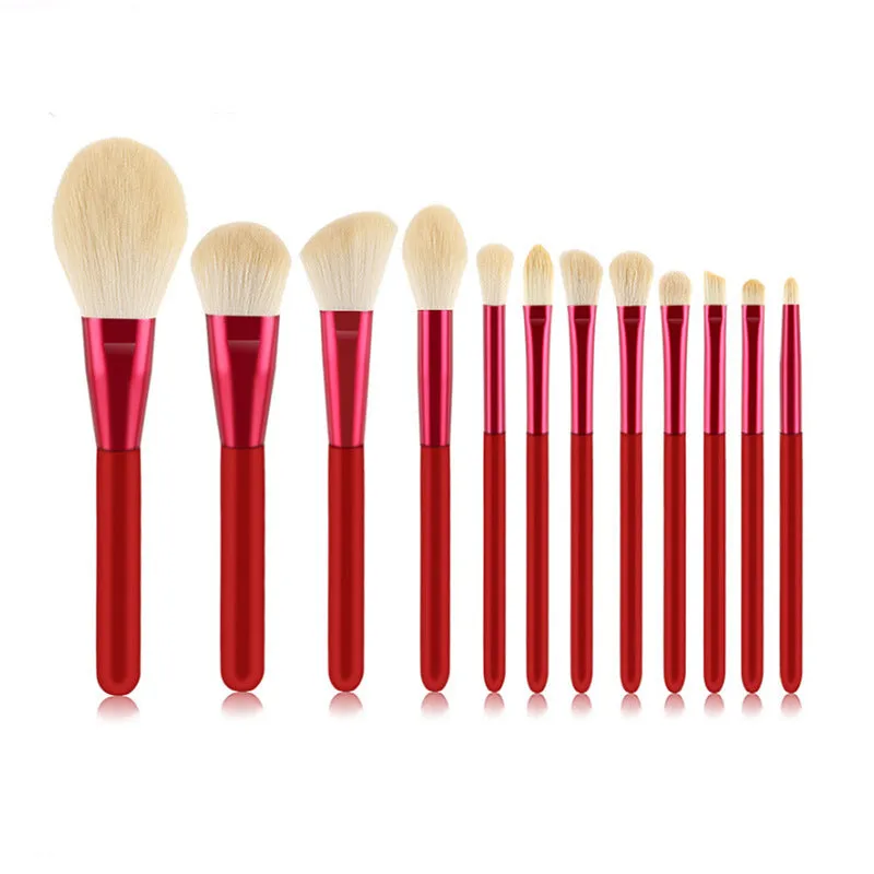 12 Red Wooden Handle Makeup Brushes Face Powder Beauty Makeup Tools