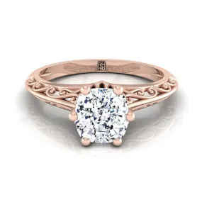 14K Rose Gold Cushion  Delicate Vintage Scroll Cut Out Solitaire Engagement Ring