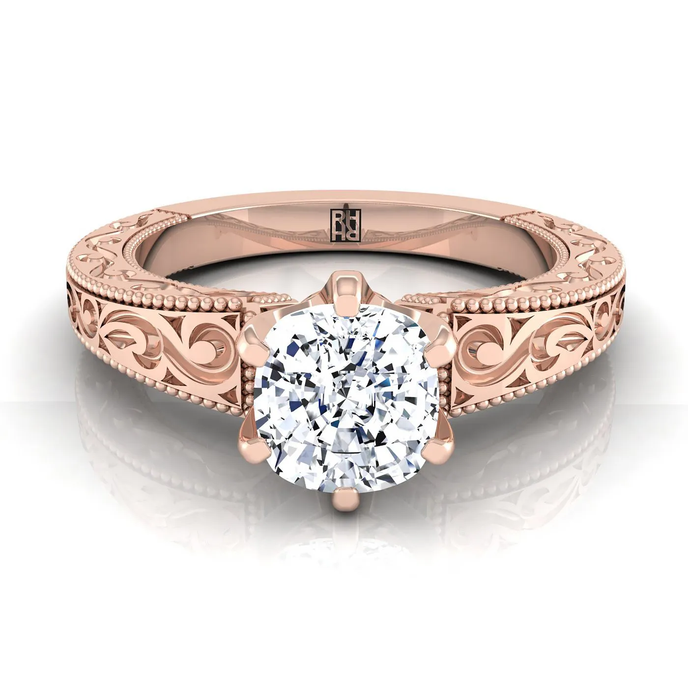 14K Rose Gold Cushion Hand Engraved Scroll Vintage Solitaire Engagement Ring