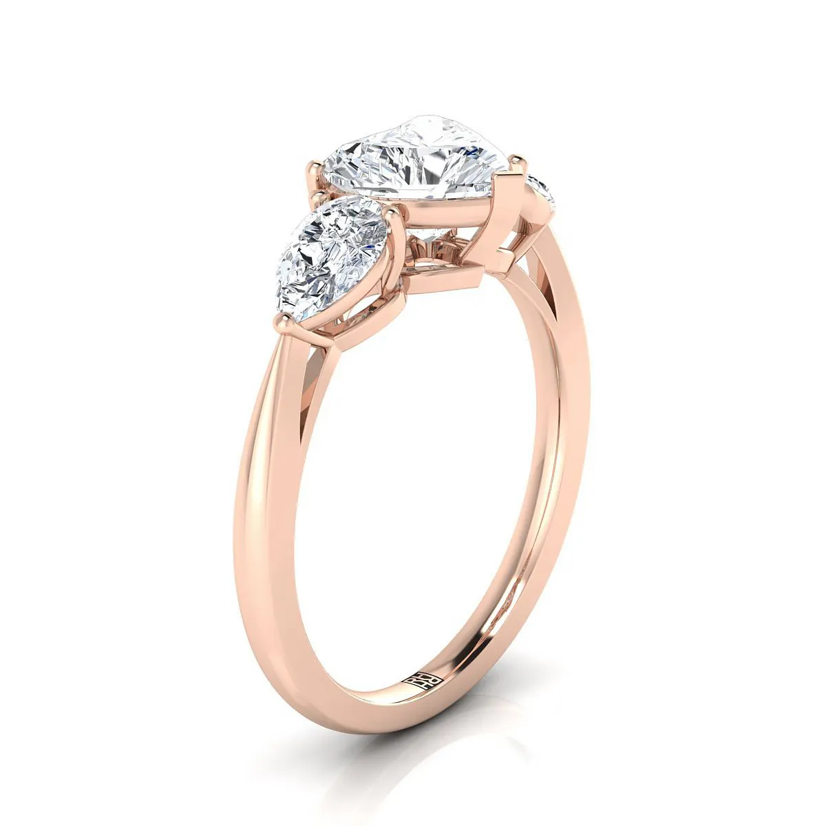 14K Rose Gold Heart Shape Center Diamond Perfectly Matched Pear Shaped Three Diamond Engagement Ring -7/8ctw