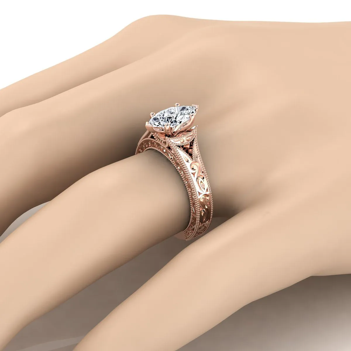 14K Rose Gold Marquise   Hand Engraved and Milgrain Vintage Solitaire Engagement Ring