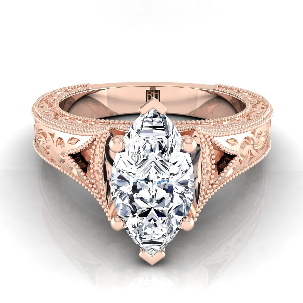 14K Rose Gold Marquise   Hand Engraved and Milgrain Vintage Solitaire Engagement Ring