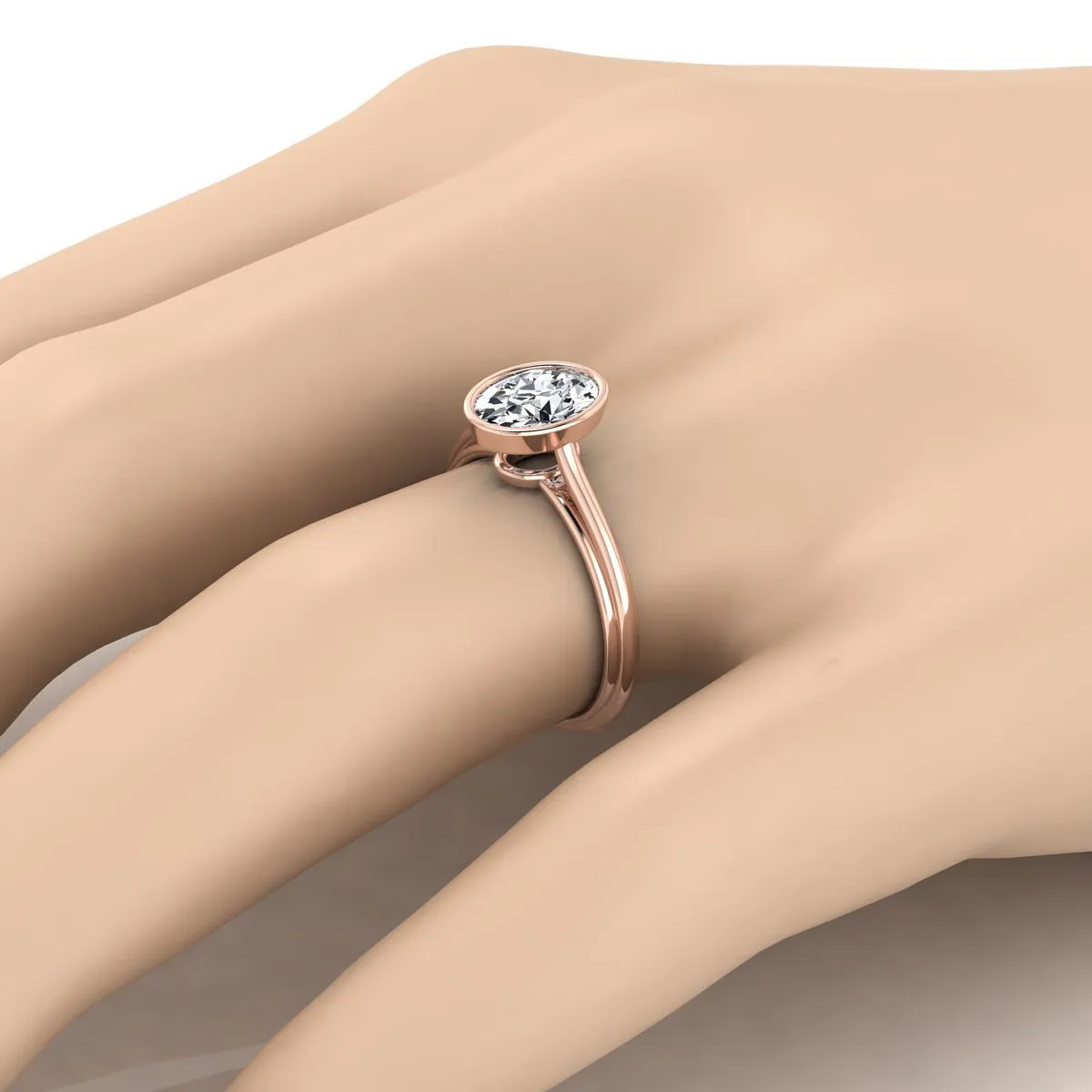 14K Rose Gold Oval  Bezel Halo Cathedral Solitaire Engagement Ring