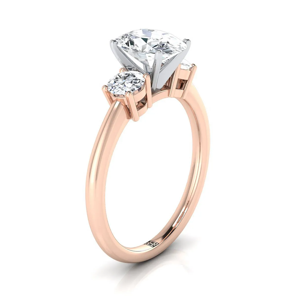 14K Rose Gold Oval Diamond Perfectly Matched Round Three Stone Diamond Engagement Ring -1/4ctw