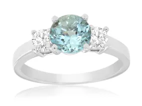 14K White Gold Aquamarine and Diamond Three Stone Ring