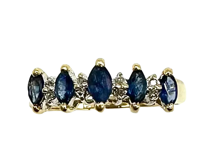 14k Yellow Gold Ring with Marquise-Shaped Sapphires and Diamond Accents