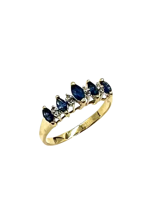 14k Yellow Gold Ring with Marquise-Shaped Sapphires and Diamond Accents