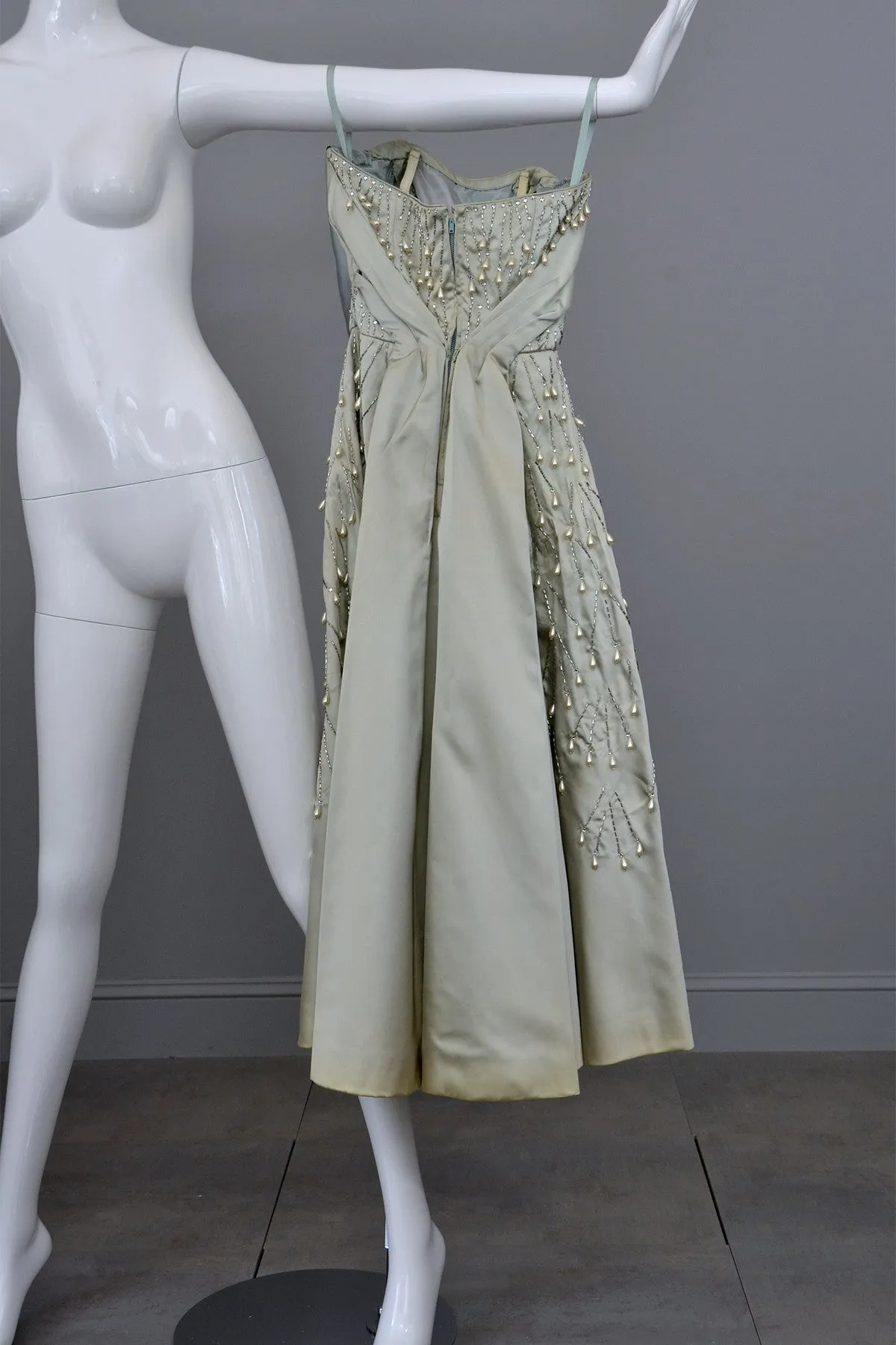 1950s Ceil Chapman Pearl Drops Rhinestones Vintage Party Dress