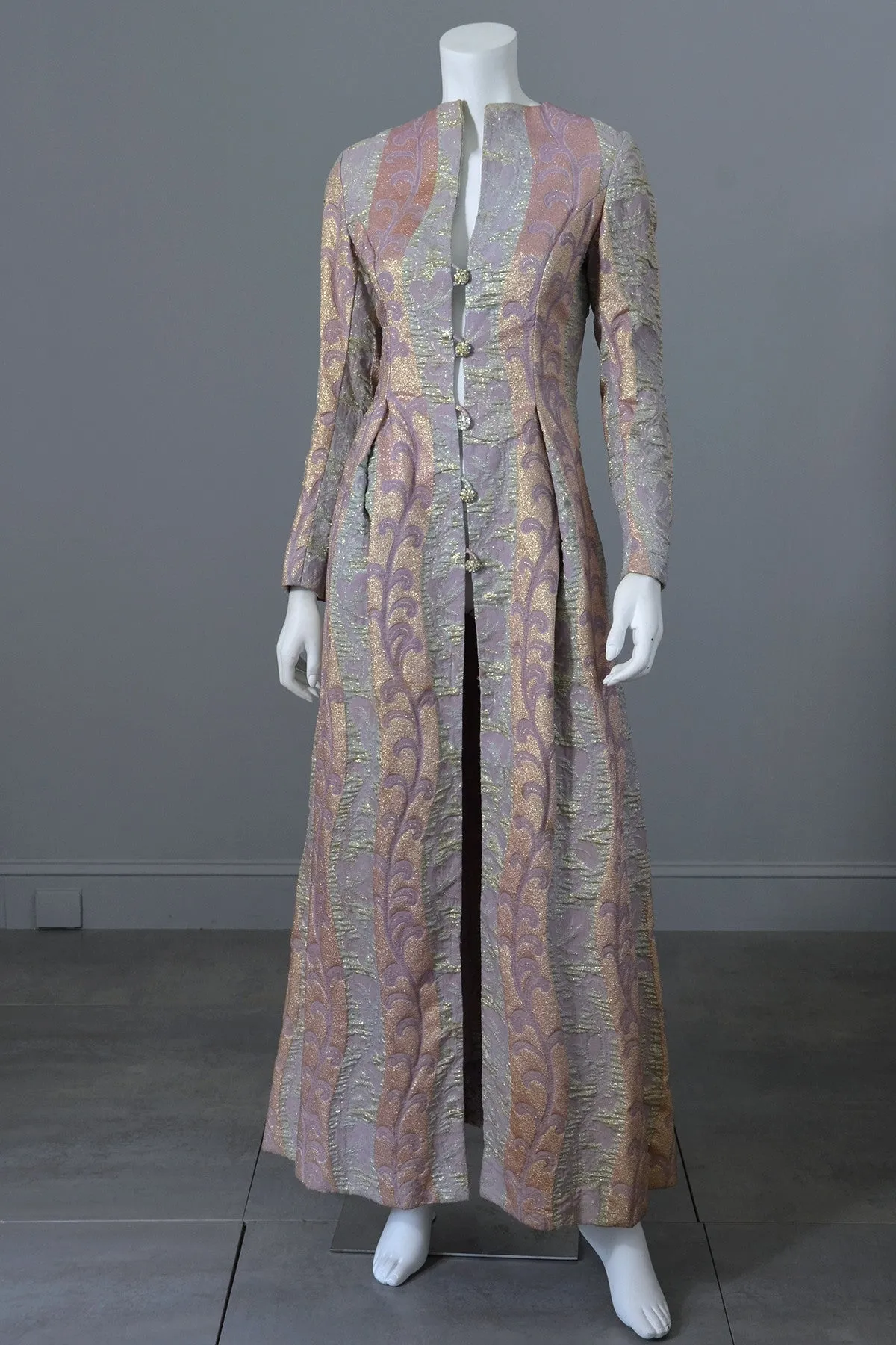 1960s 70s Lurex Brocade Maxi Evening Dress Coat XS