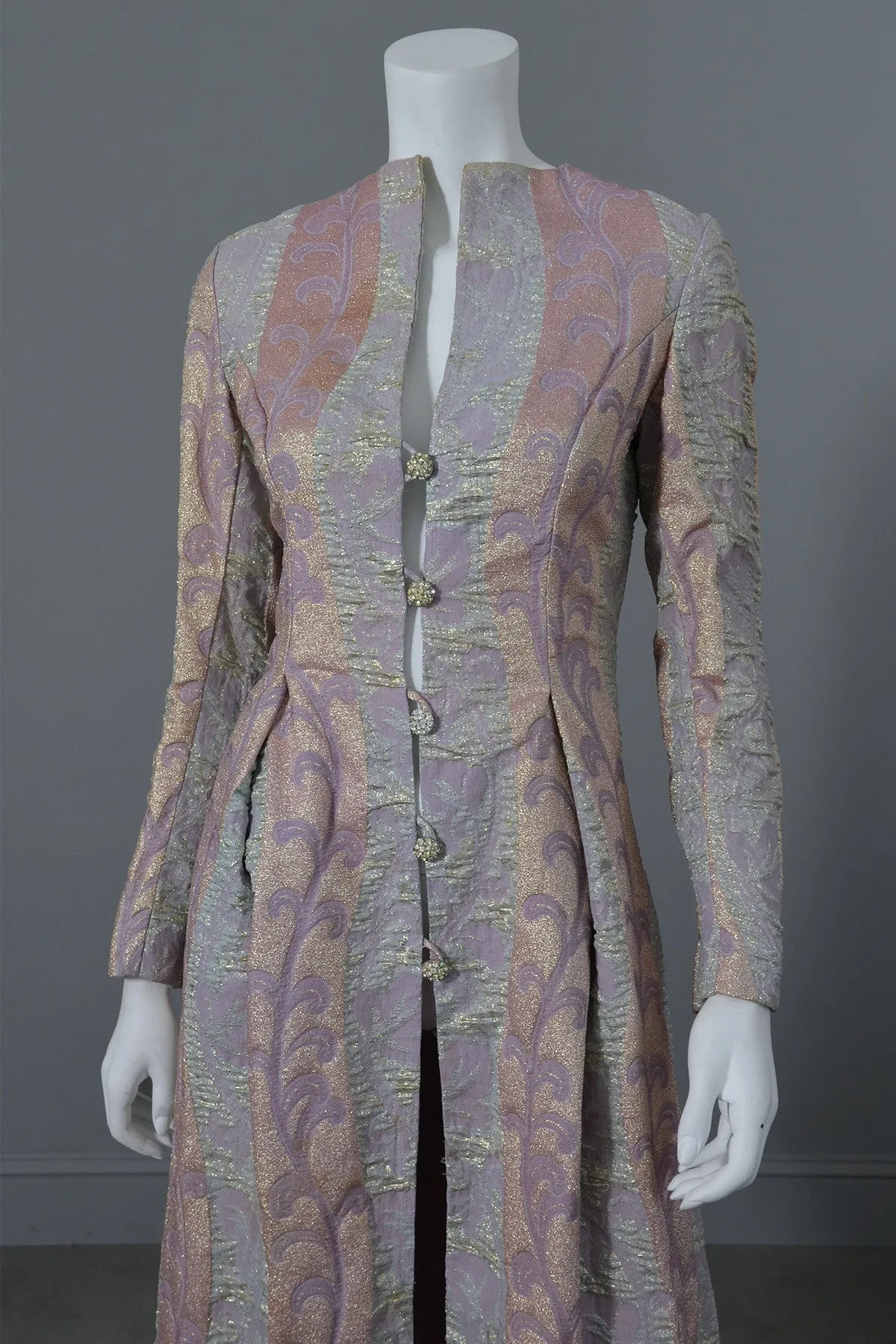 1960s 70s Lurex Brocade Maxi Evening Dress Coat XS