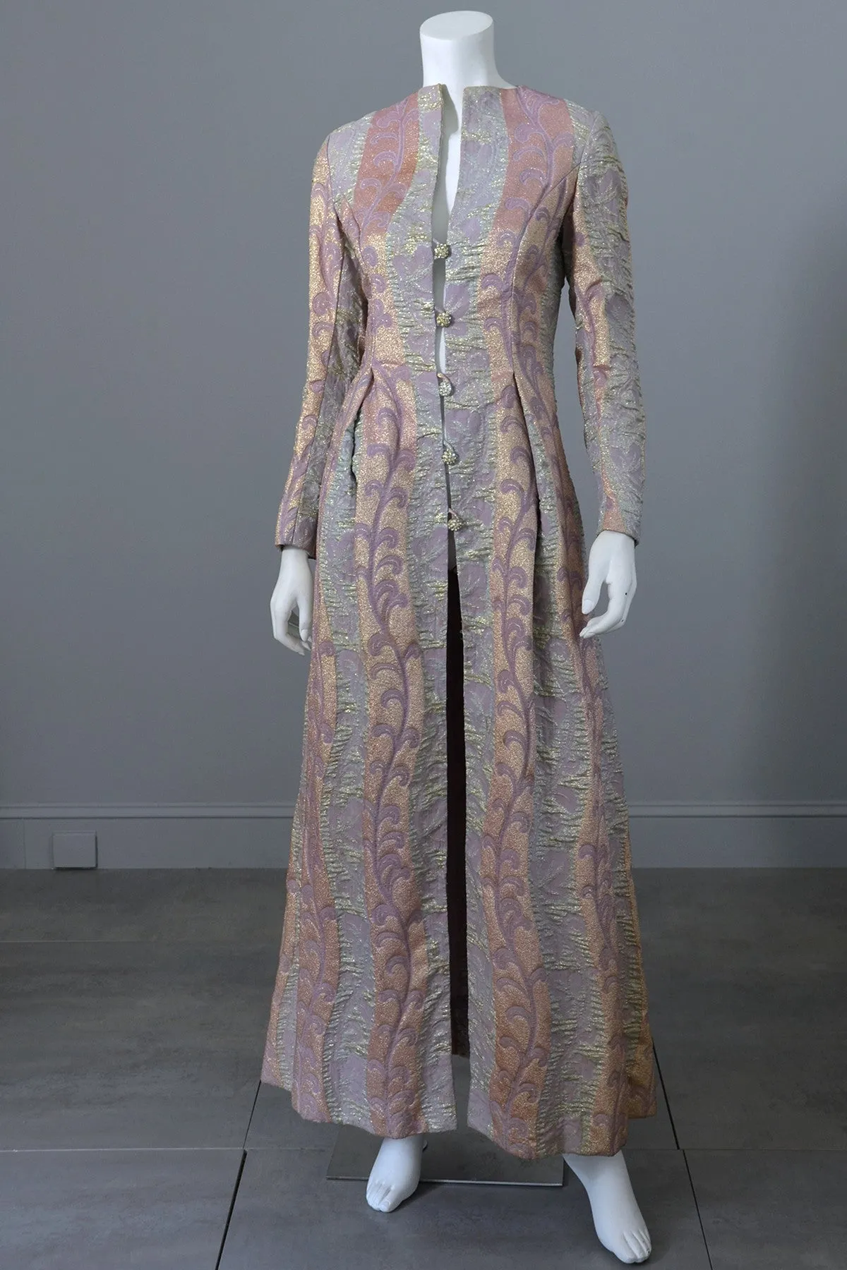 1960s 70s Lurex Brocade Maxi Evening Dress Coat XS