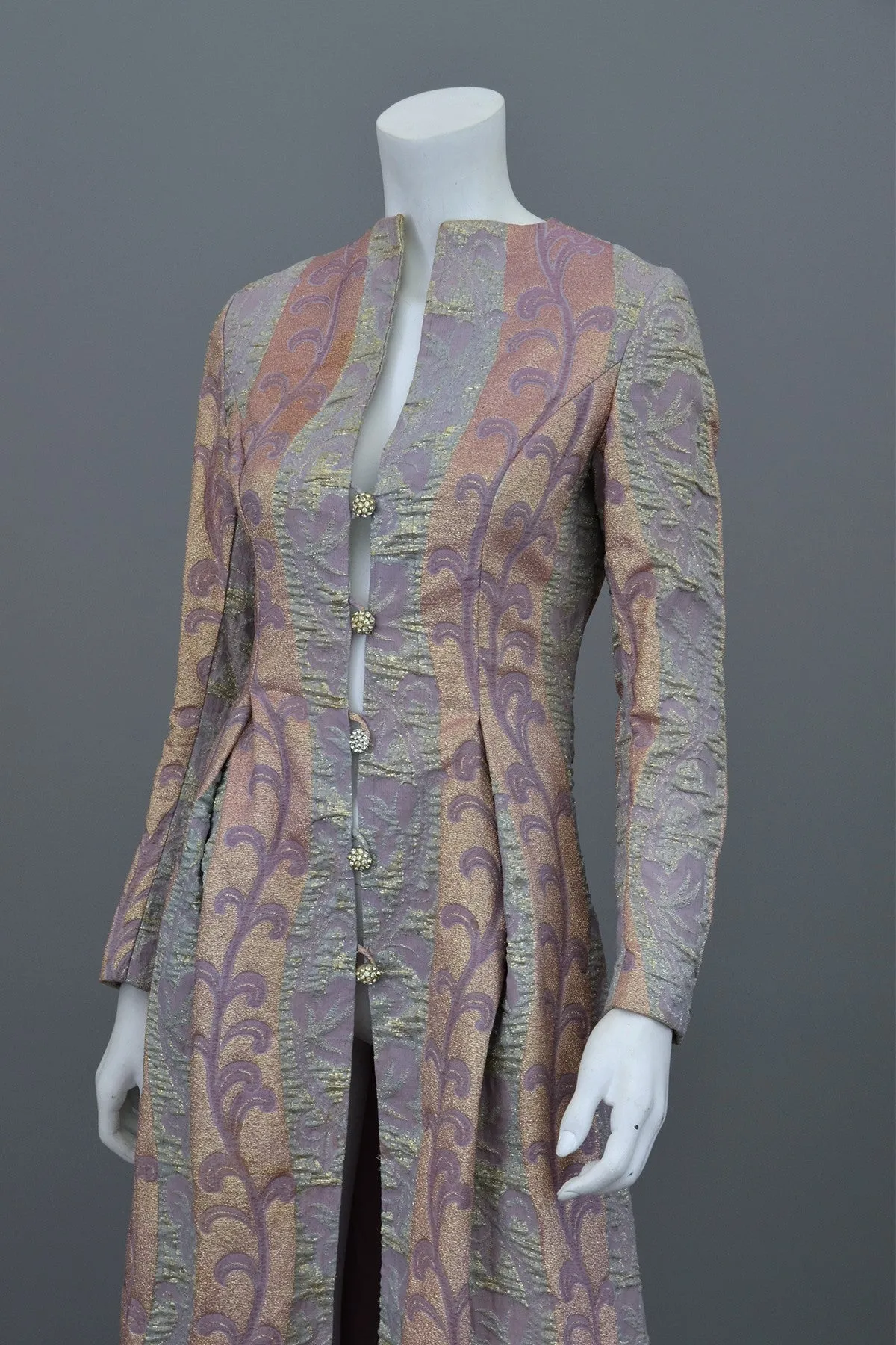 1960s 70s Lurex Brocade Maxi Evening Dress Coat XS