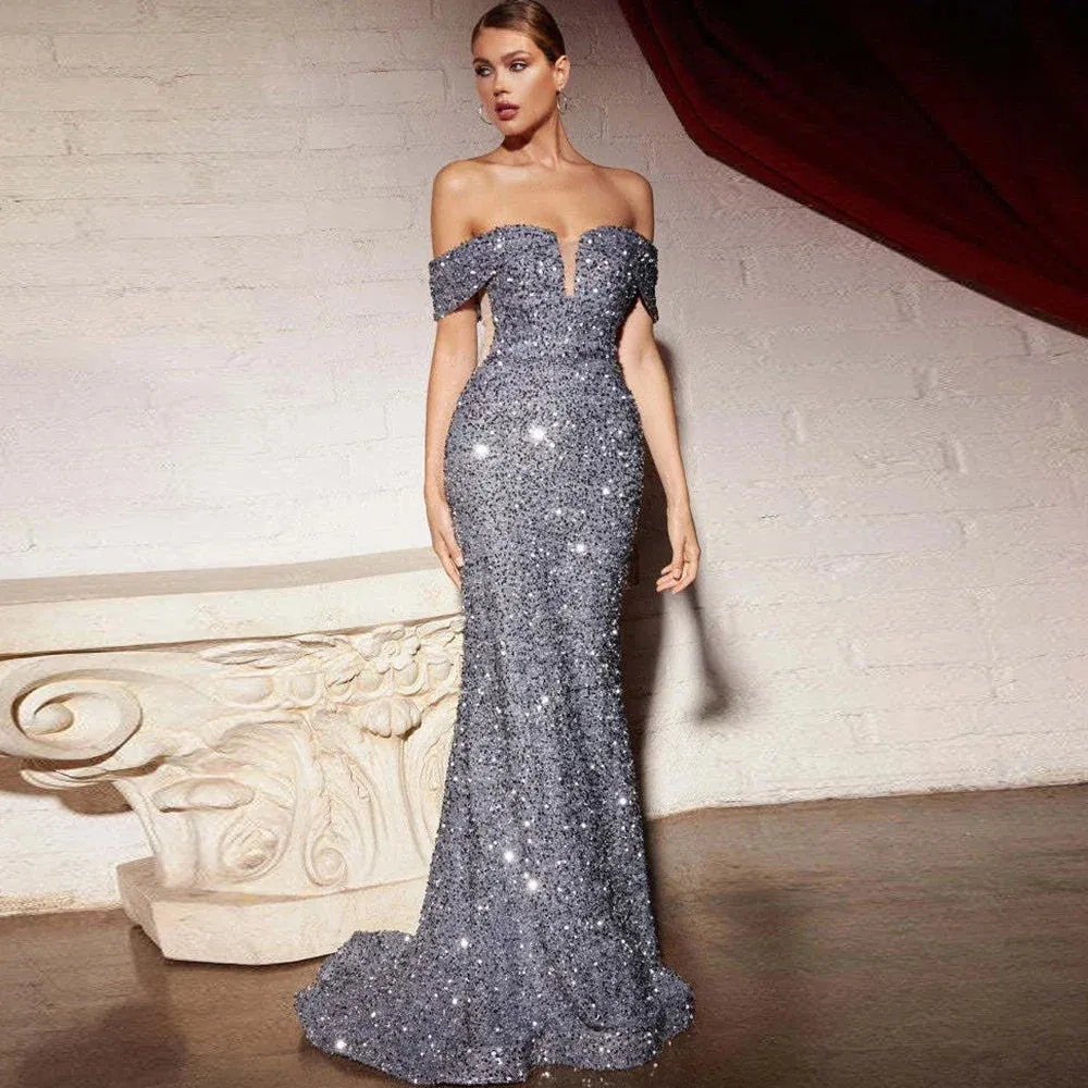 2024 Vintage Sequined V-Neck Slim Sexy Evening Maxi Dress