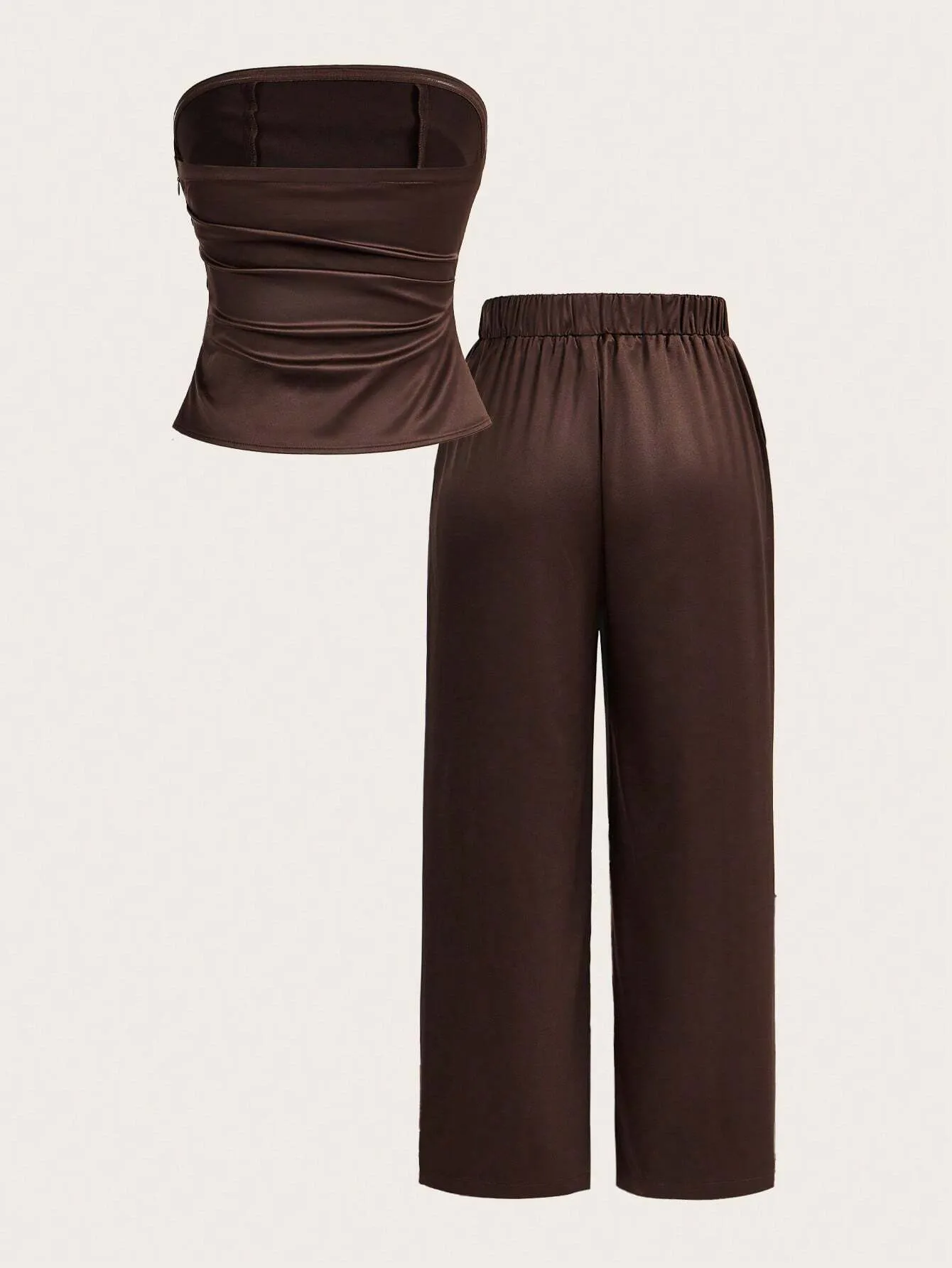 2pcs Women's Solid Brown Ruched Bandeau Top And Straight Leg Pants Casual Set