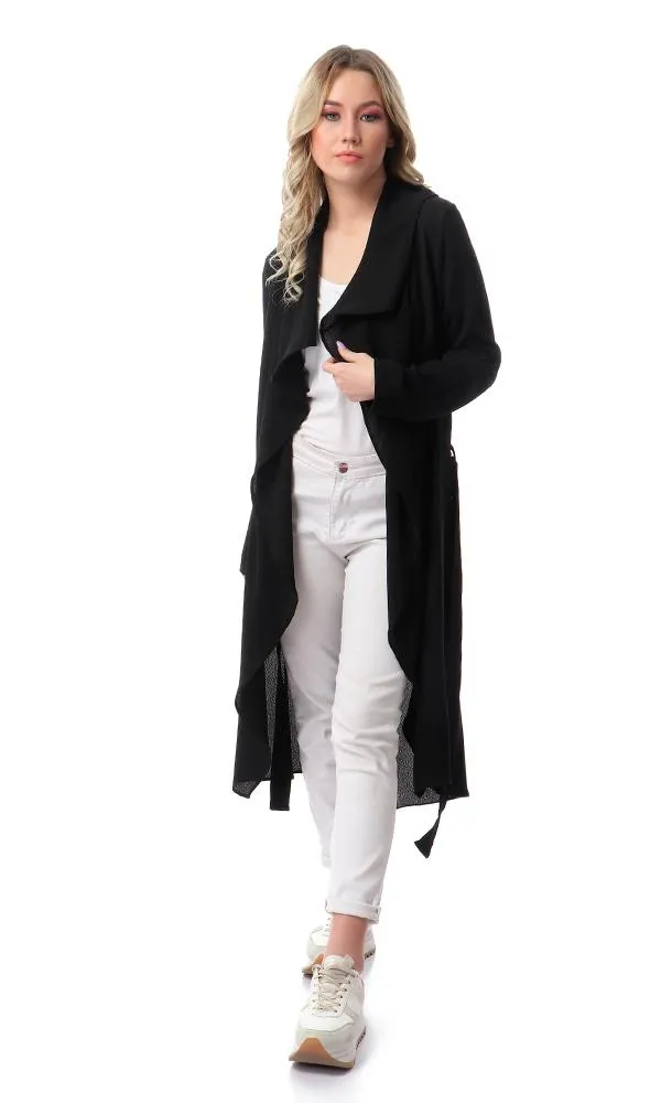 57109 Draped Collar Long Sleeves Cardigan - Black