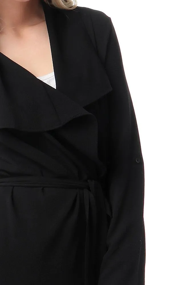 57109 Draped Collar Long Sleeves Cardigan - Black