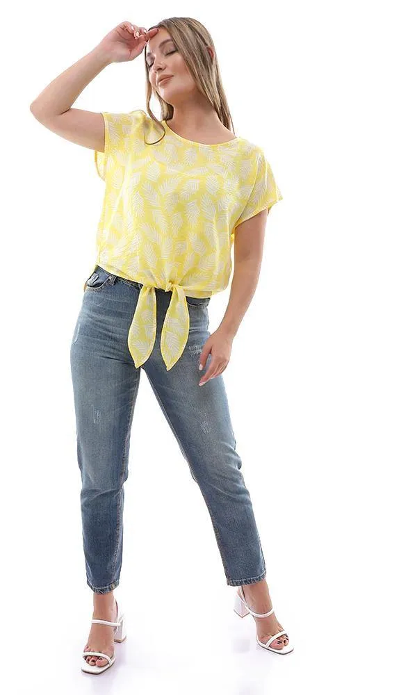 94734 Leaves Pattern Front Tie Yellow Loose Top