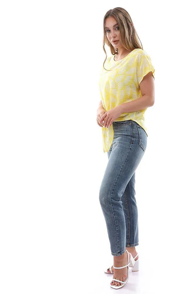 94734 Leaves Pattern Front Tie Yellow Loose Top