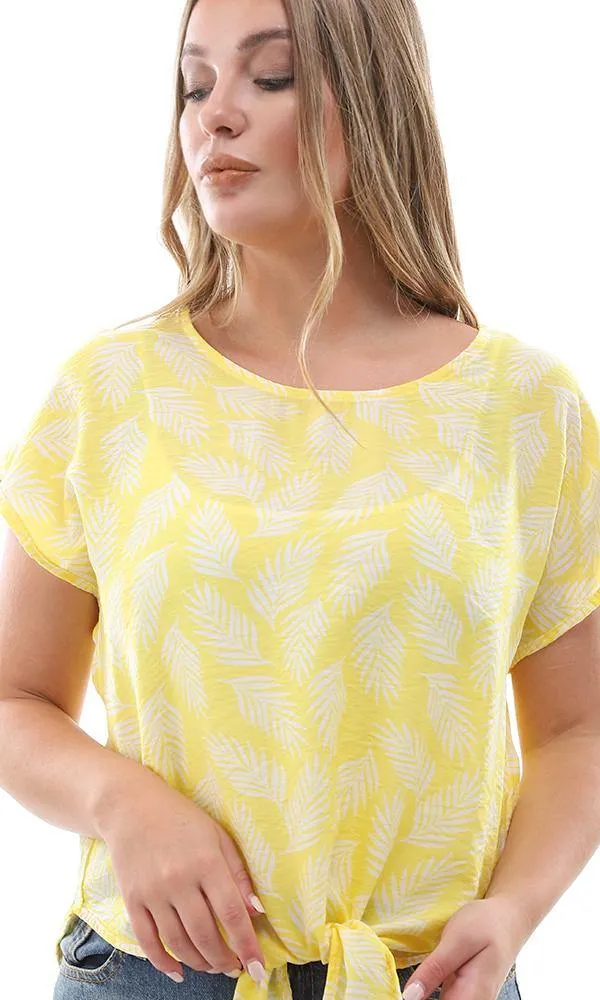 94734 Leaves Pattern Front Tie Yellow Loose Top