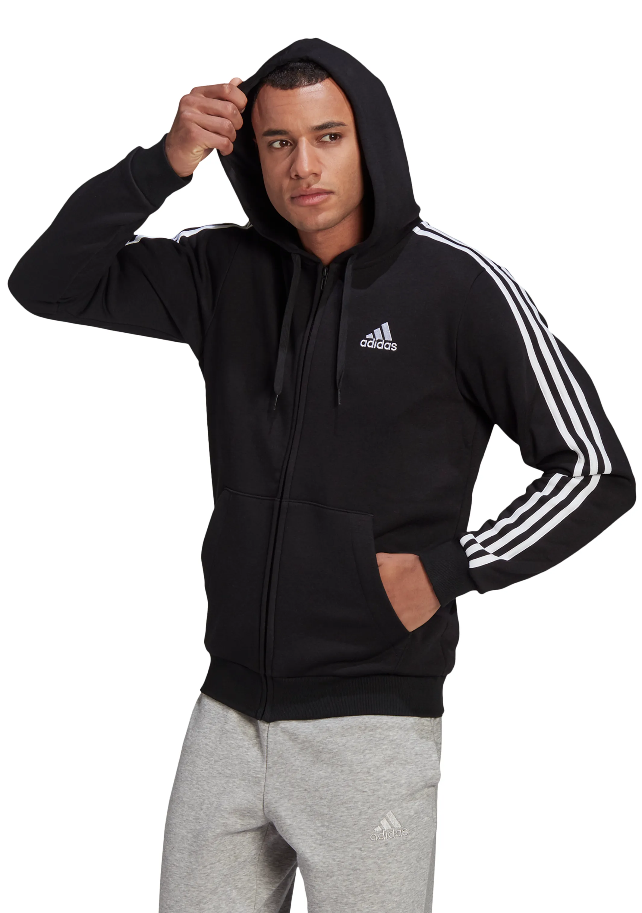 Adidas Mens Essentials Fleece 3 Stripes Full Zip Hoodie <br> GK9051