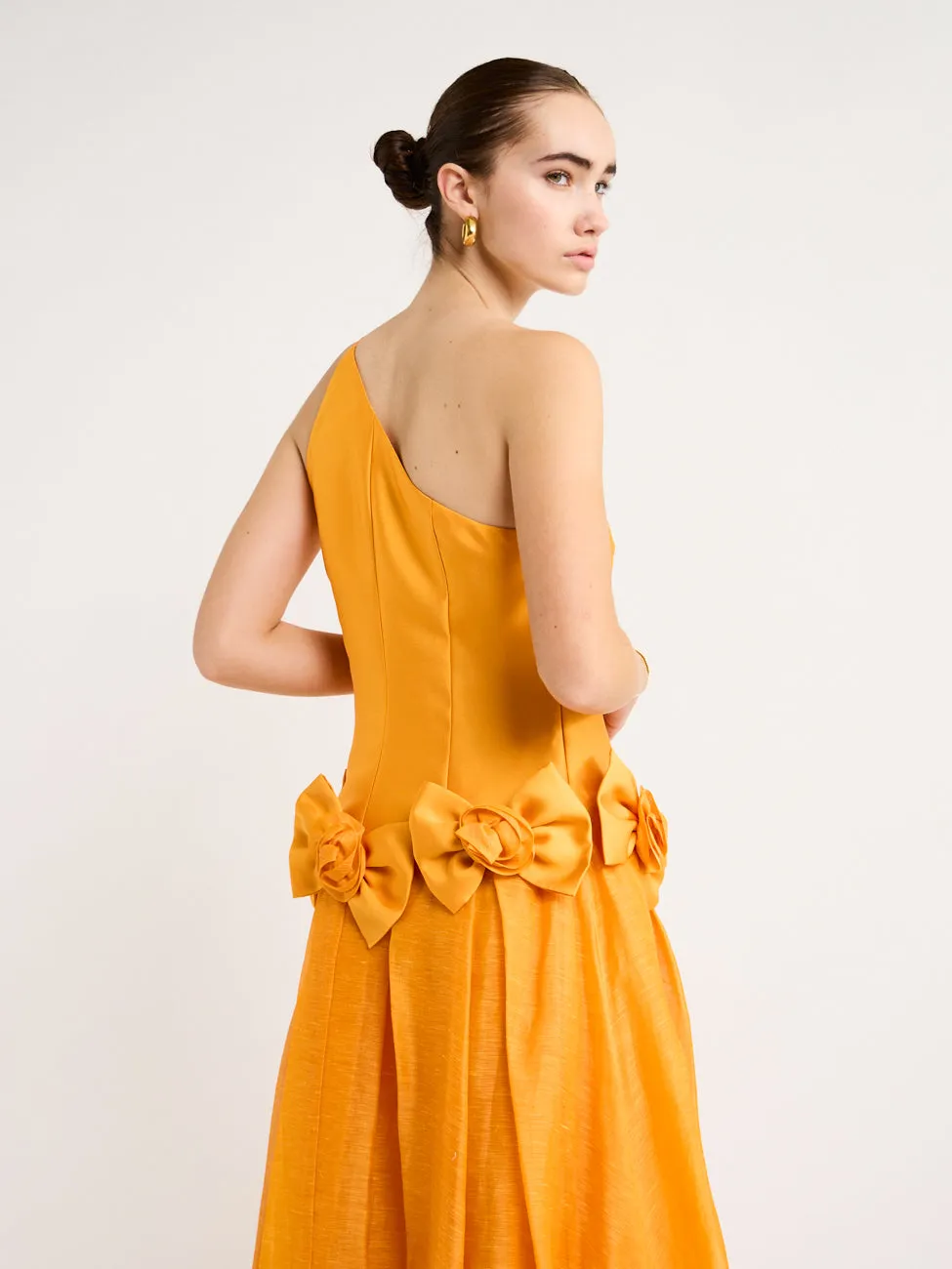 Alemais Macie One Shoulder Rosette Dress in Saffron