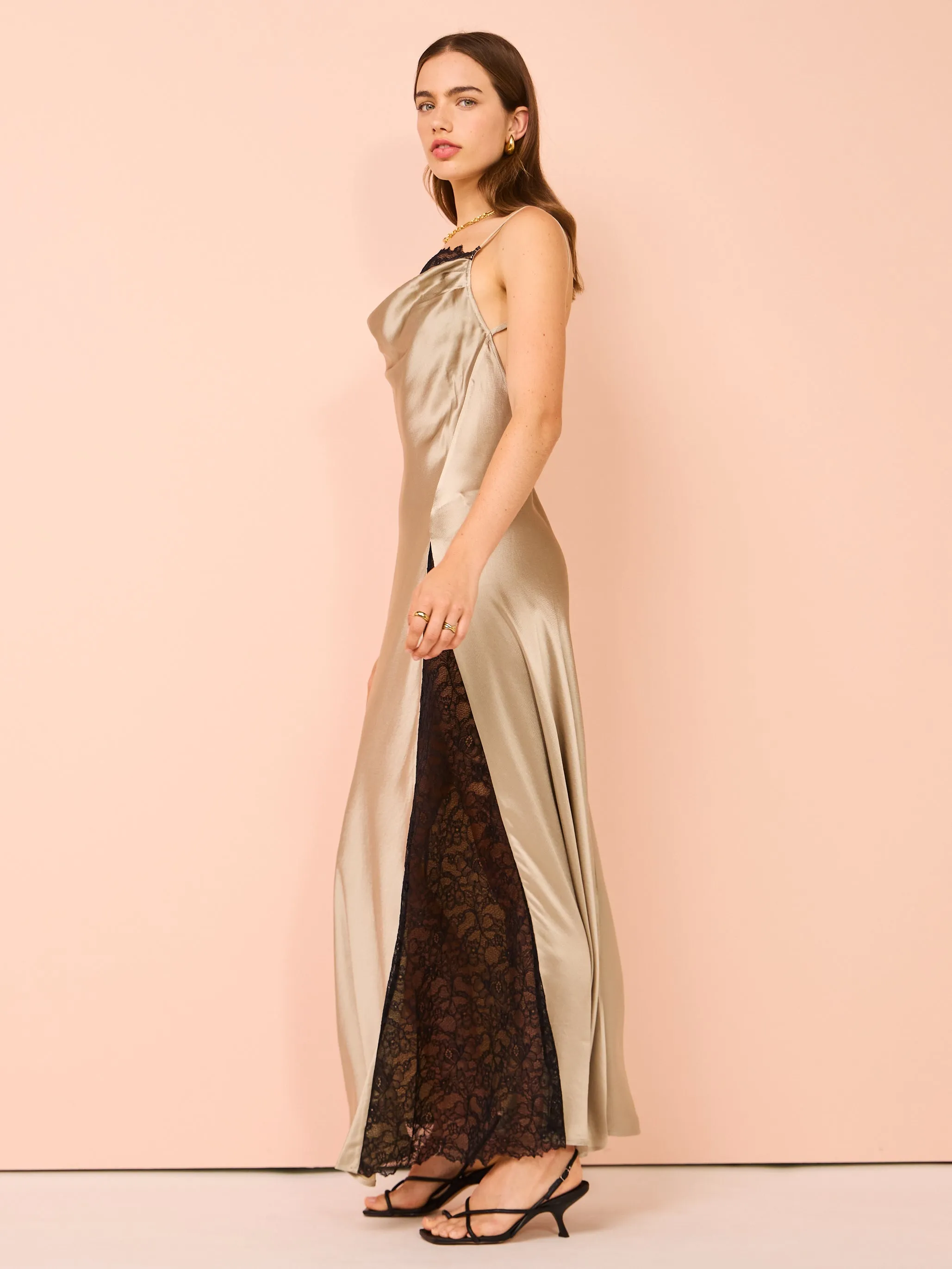 Anna Quan Elena Dress in Taupe w/ Black Lace