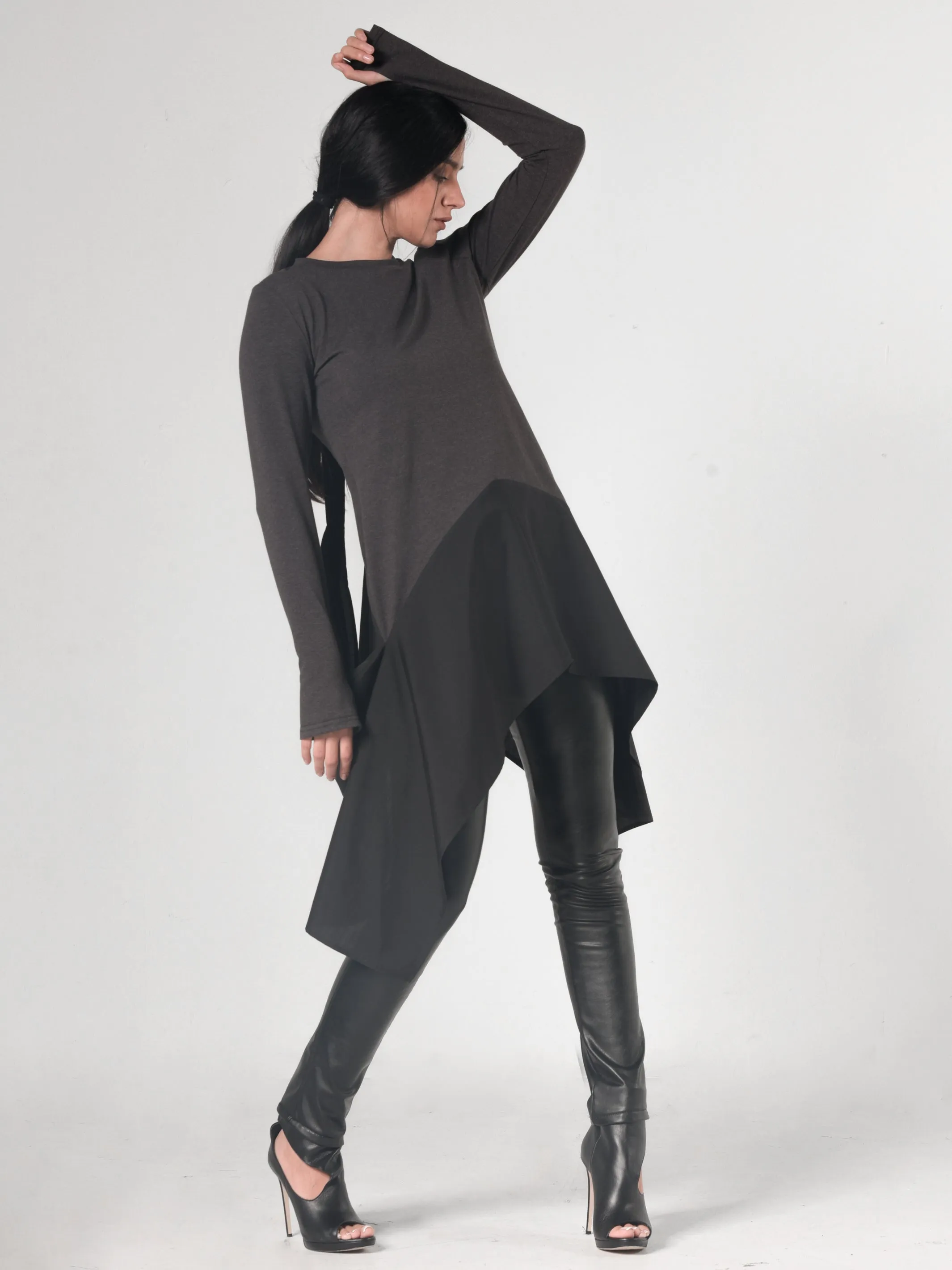 Asymmetric Dark Grey Tunic With Chiffon