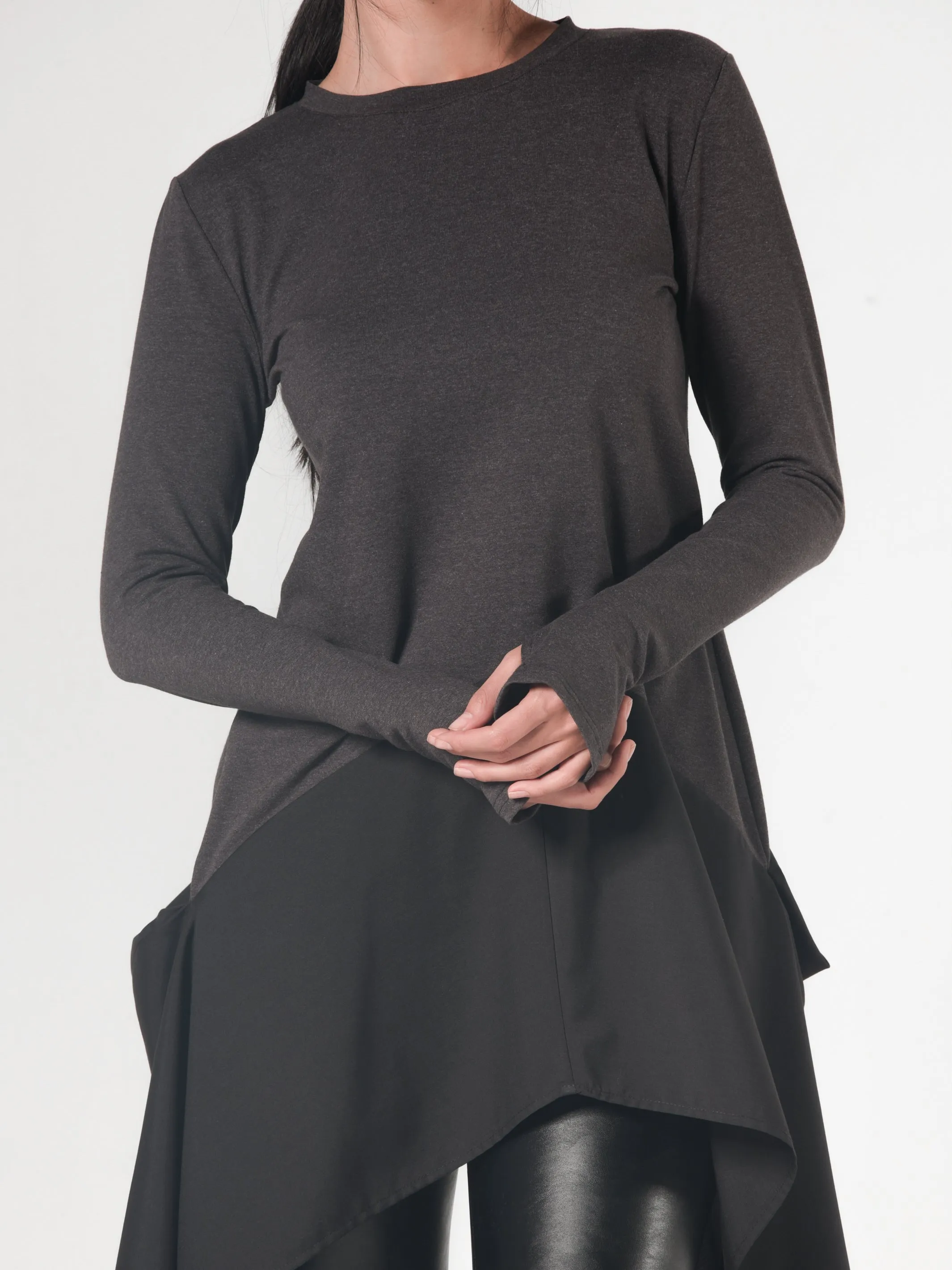 Asymmetric Dark Grey Tunic With Chiffon