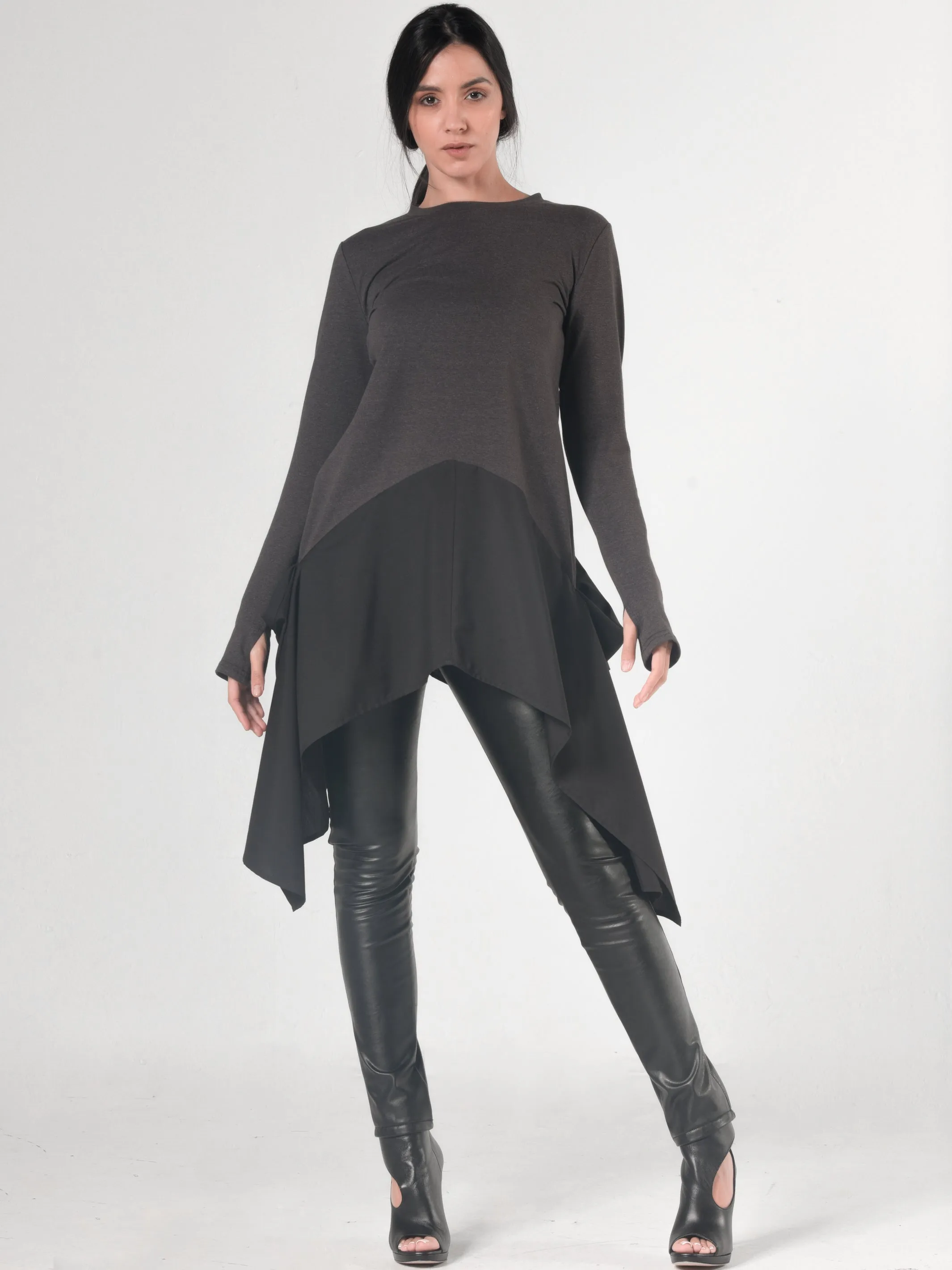 Asymmetric Dark Grey Tunic With Chiffon