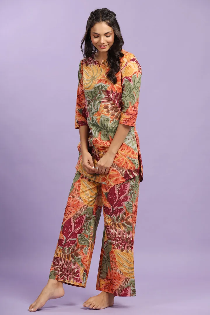 Autumn Leaves on Multicoloured Cotton Loungewear Set