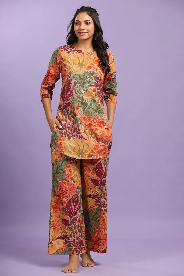 Autumn Leaves on Multicoloured Cotton Loungewear Set