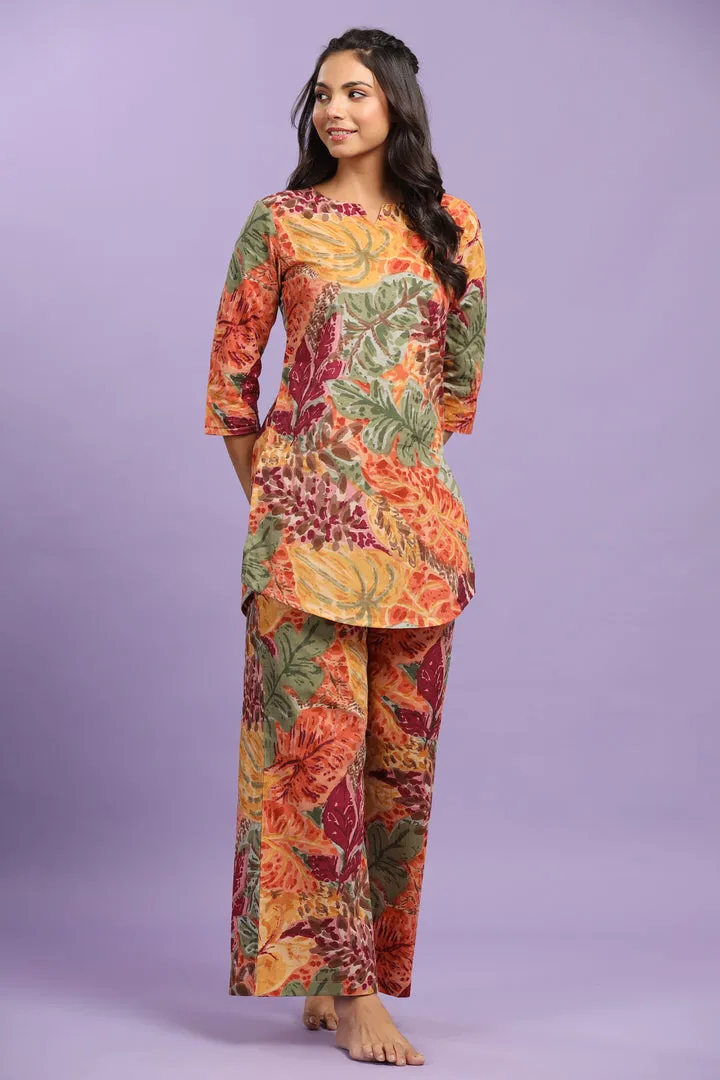 Autumn Leaves on Multicoloured Cotton Loungewear Set