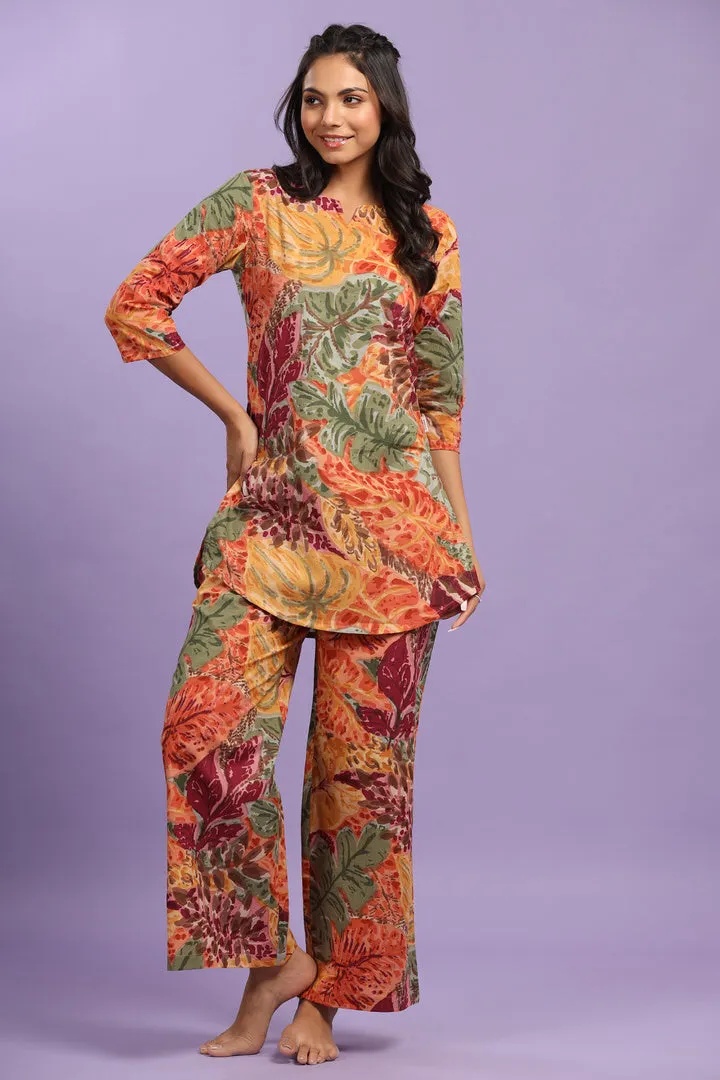 Autumn Leaves on Multicoloured Cotton Loungewear Set