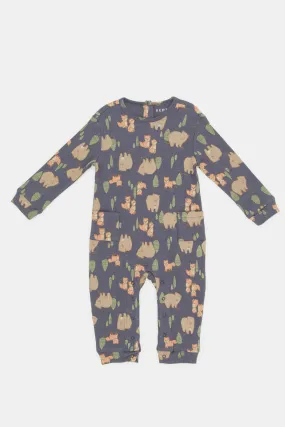 Babies Navy Printed Romper With Side Pockets