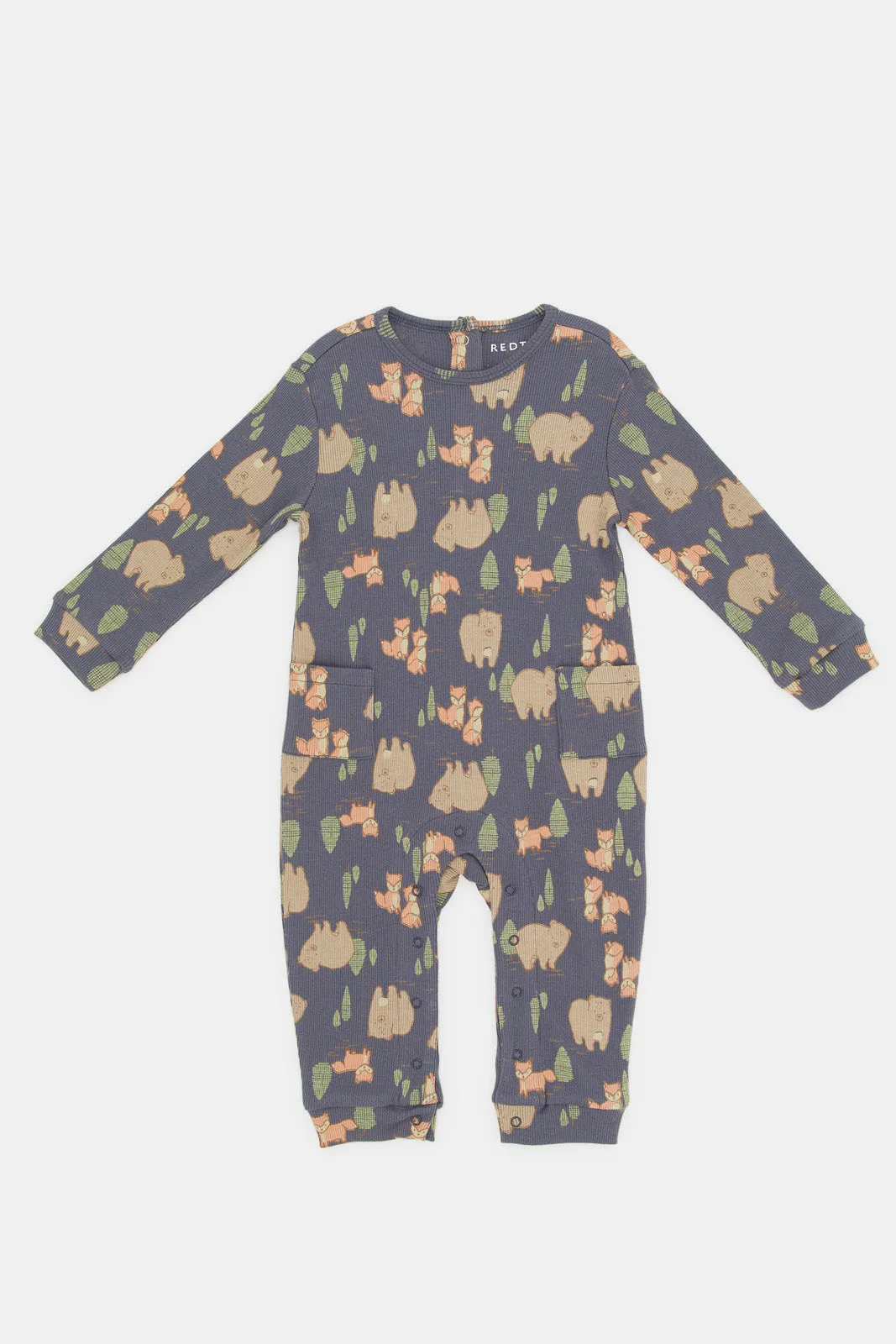 Babies Navy Printed Romper With Side Pockets