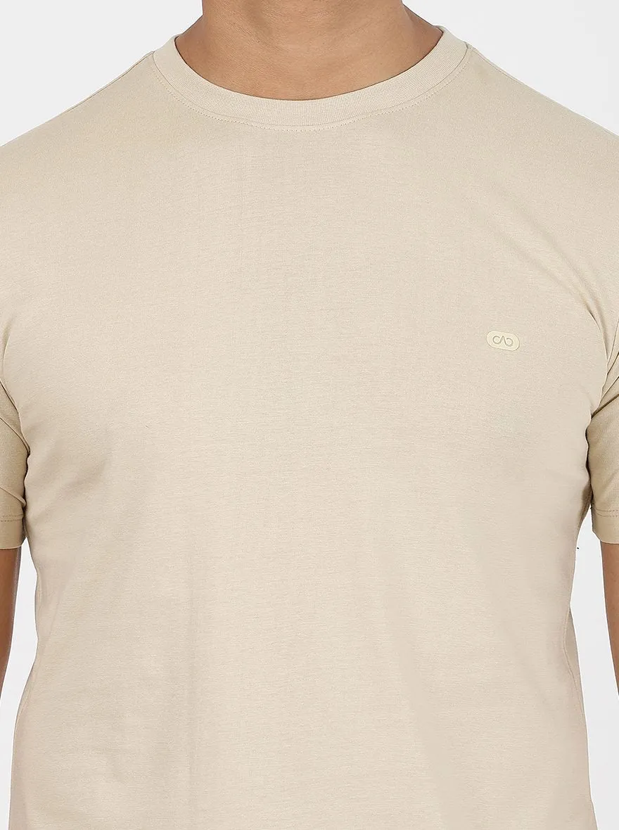 Beige Solid Slim Fit T-Shirt | JadeBlue