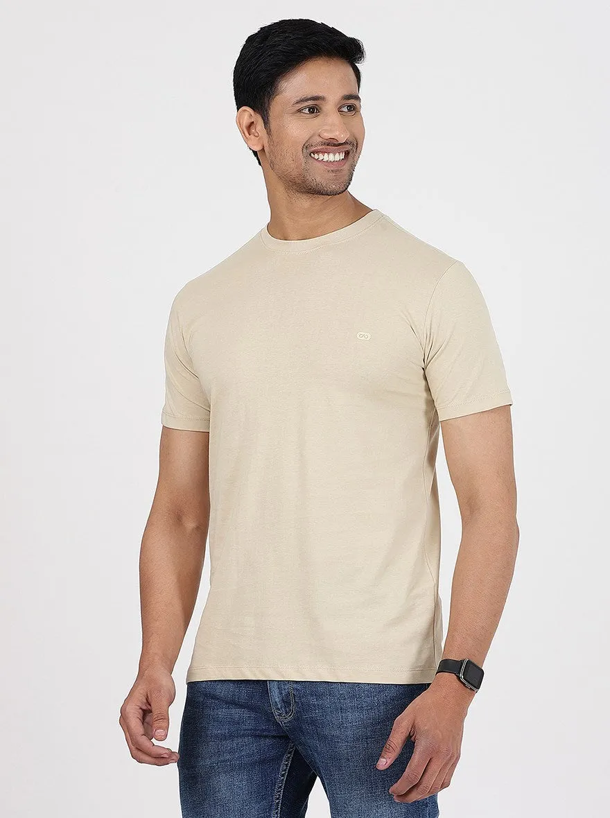 Beige Solid Slim Fit T-Shirt | JadeBlue