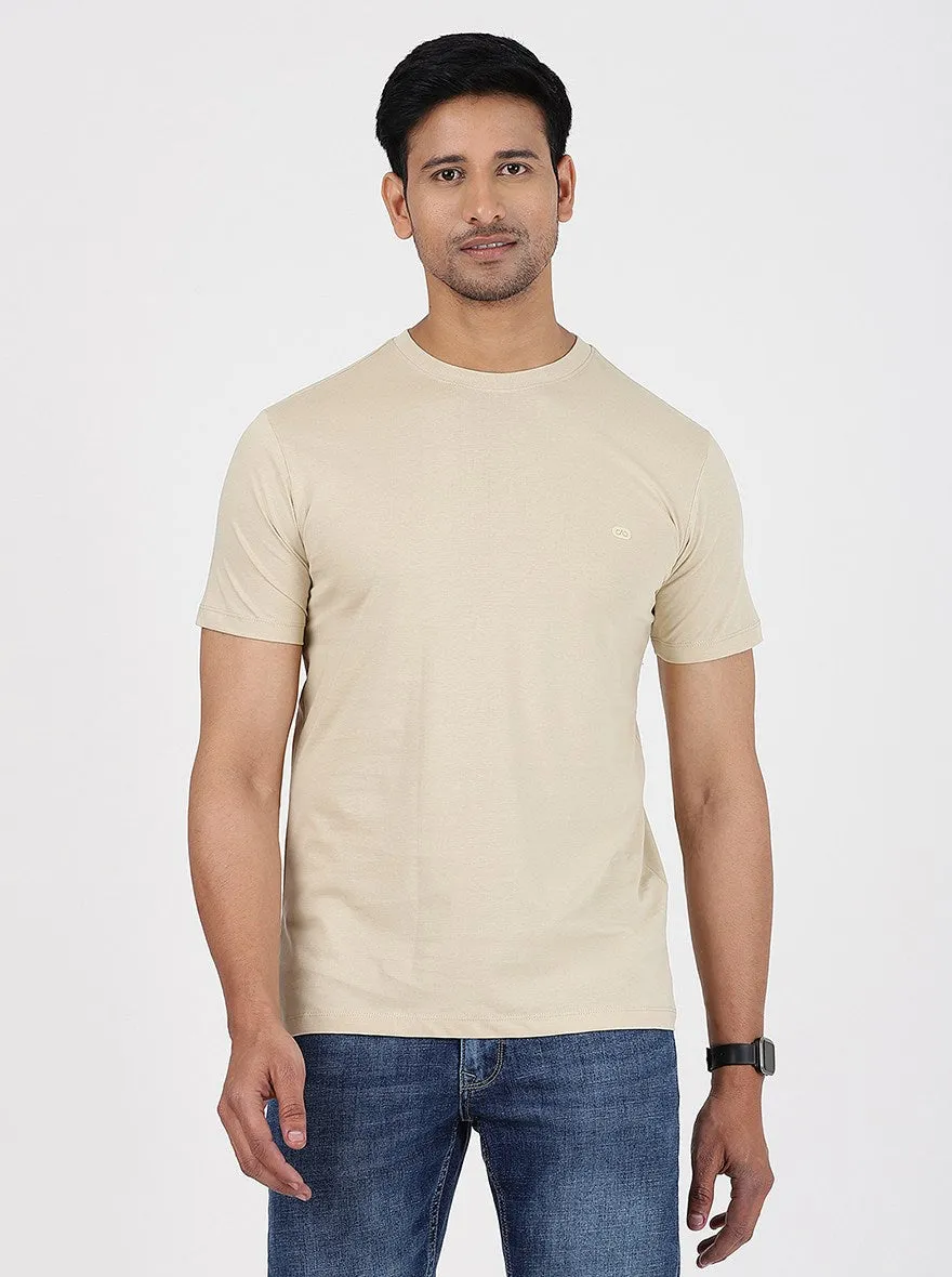 Beige Solid Slim Fit T-Shirt | JadeBlue