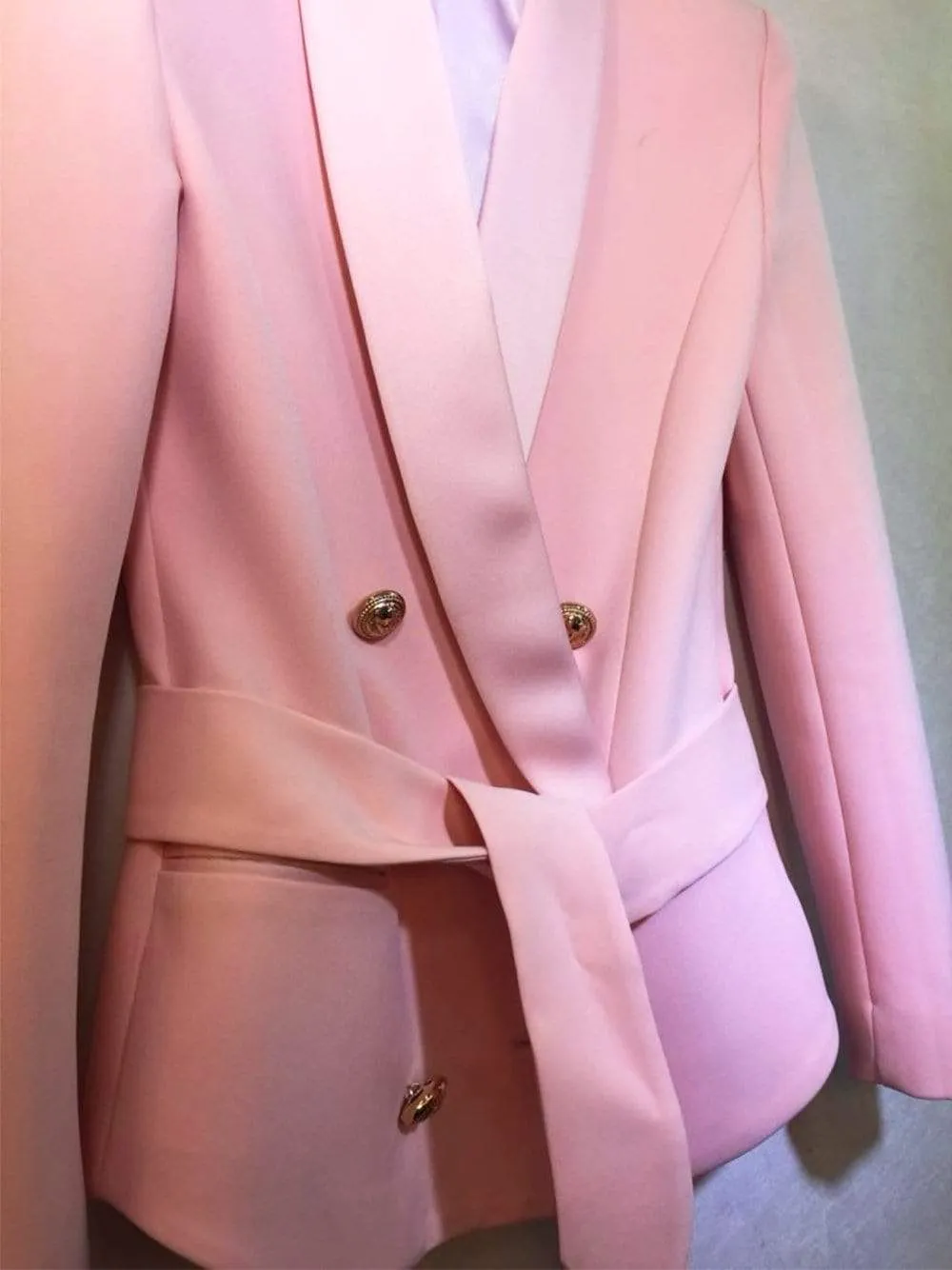 Belted Double-Breasted Crêpe Blazer in Pink