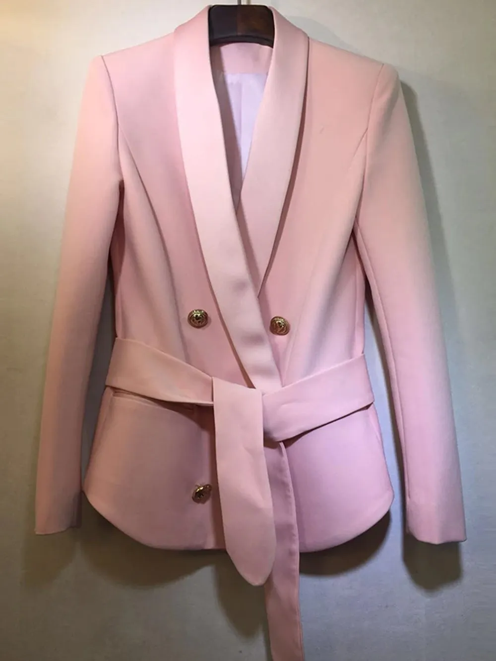 Belted Double-Breasted Crêpe Blazer in Pink