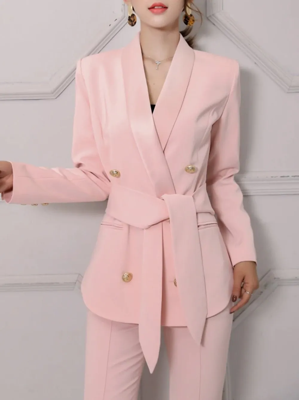 Belted Double-Breasted Crêpe Blazer in Pink