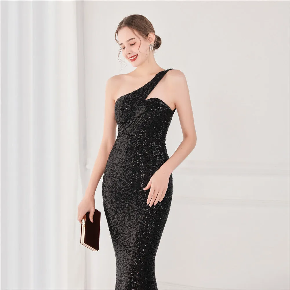 BerriesJam - 2024 One Shoulder Sleeveless Sequin Party Formal Maxi Dress