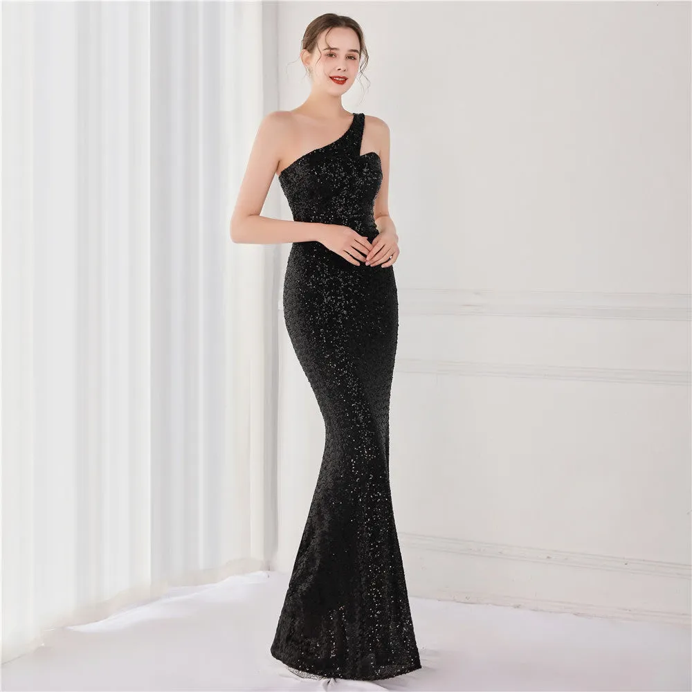 BerriesJam - 2024 One Shoulder Sleeveless Sequin Party Formal Maxi Dress