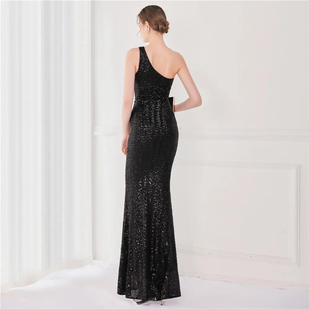 BerriesJam - 2024 One Shoulder Sleeveless Sequin Party Formal Maxi Dress