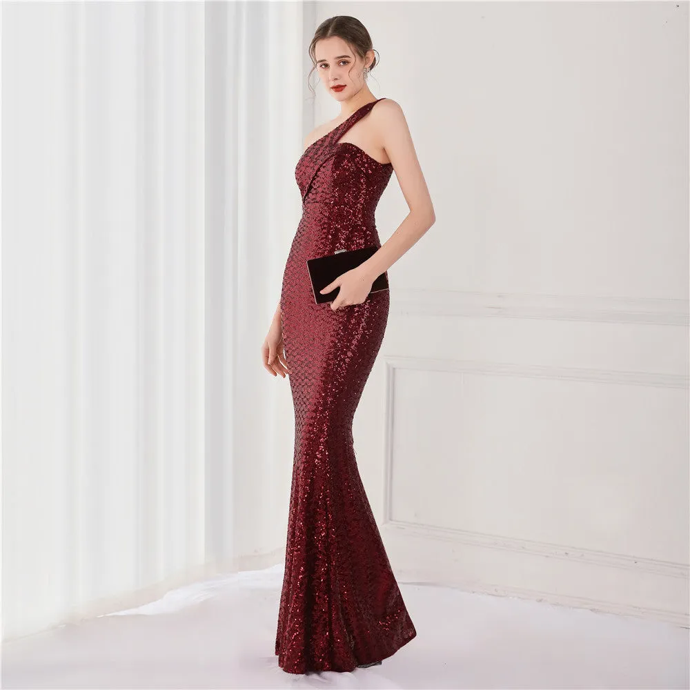 BerriesJam - 2024 One Shoulder Sleeveless Sequin Party Formal Maxi Dress