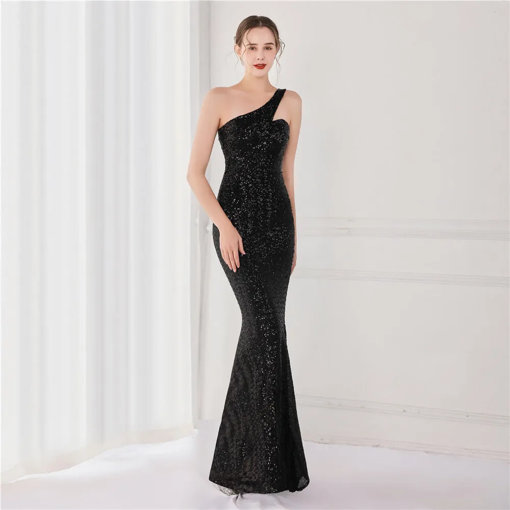 BerriesJam - 2024 One Shoulder Sleeveless Sequin Party Formal Maxi Dress