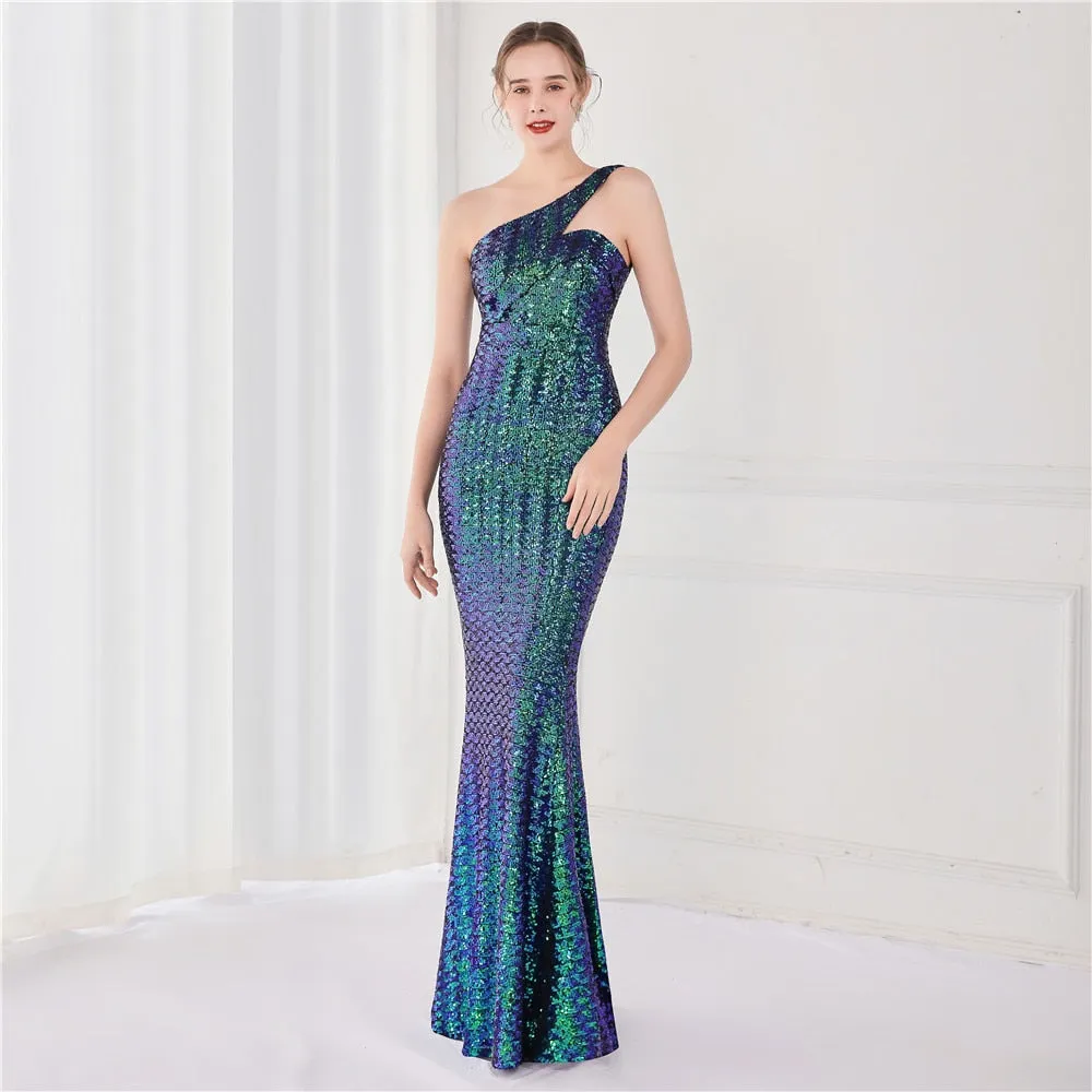 BerriesJam - 2024 One Shoulder Sleeveless Sequin Party Formal Maxi Dress