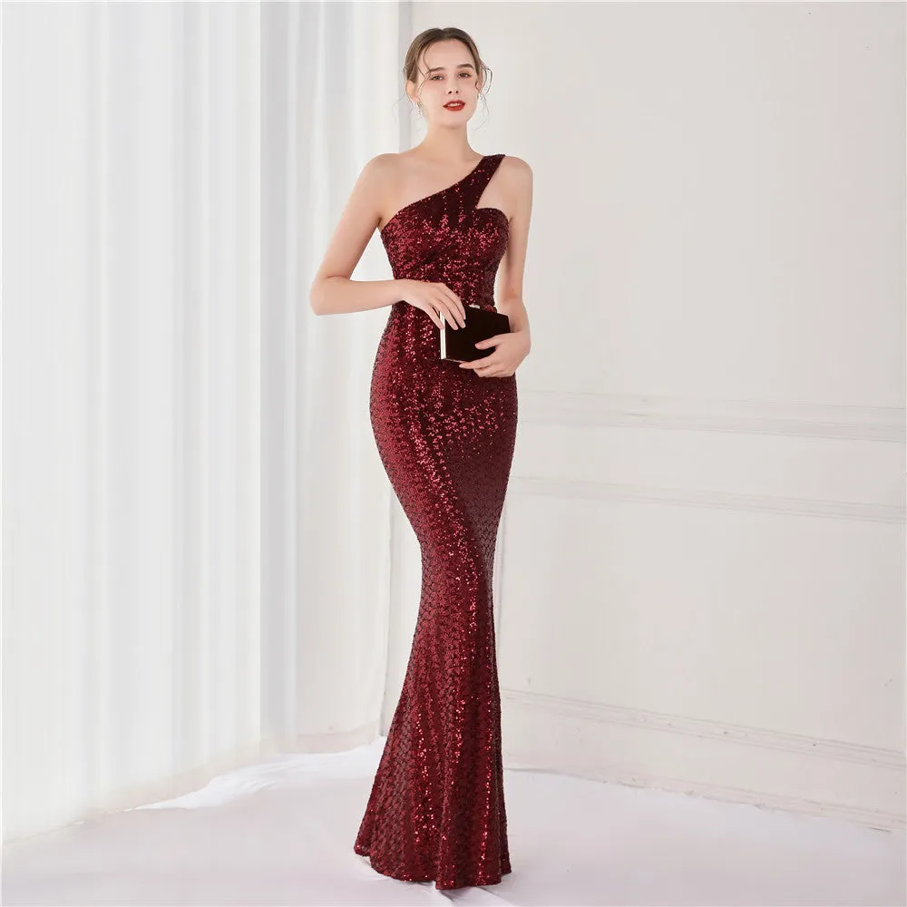 BerriesJam - 2024 One Shoulder Sleeveless Sequin Party Formal Maxi Dress