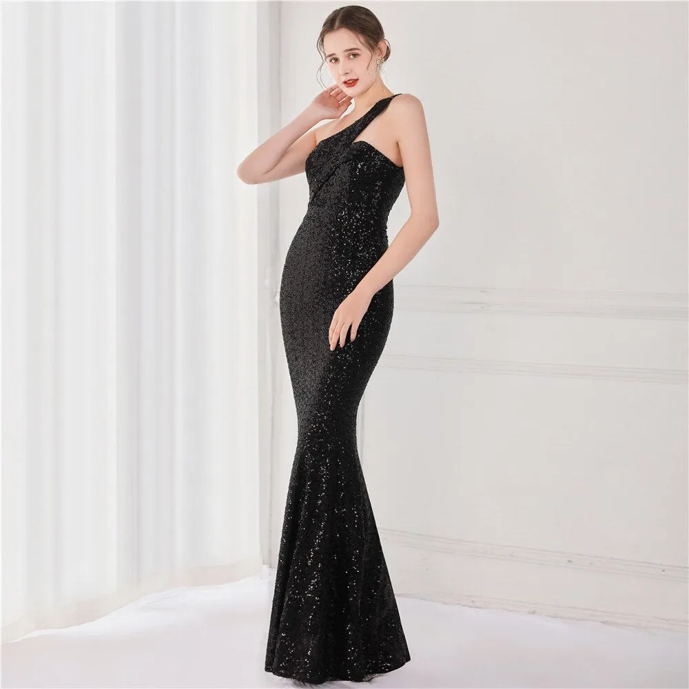 BerriesJam - 2024 One Shoulder Sleeveless Sequin Party Formal Maxi Dress