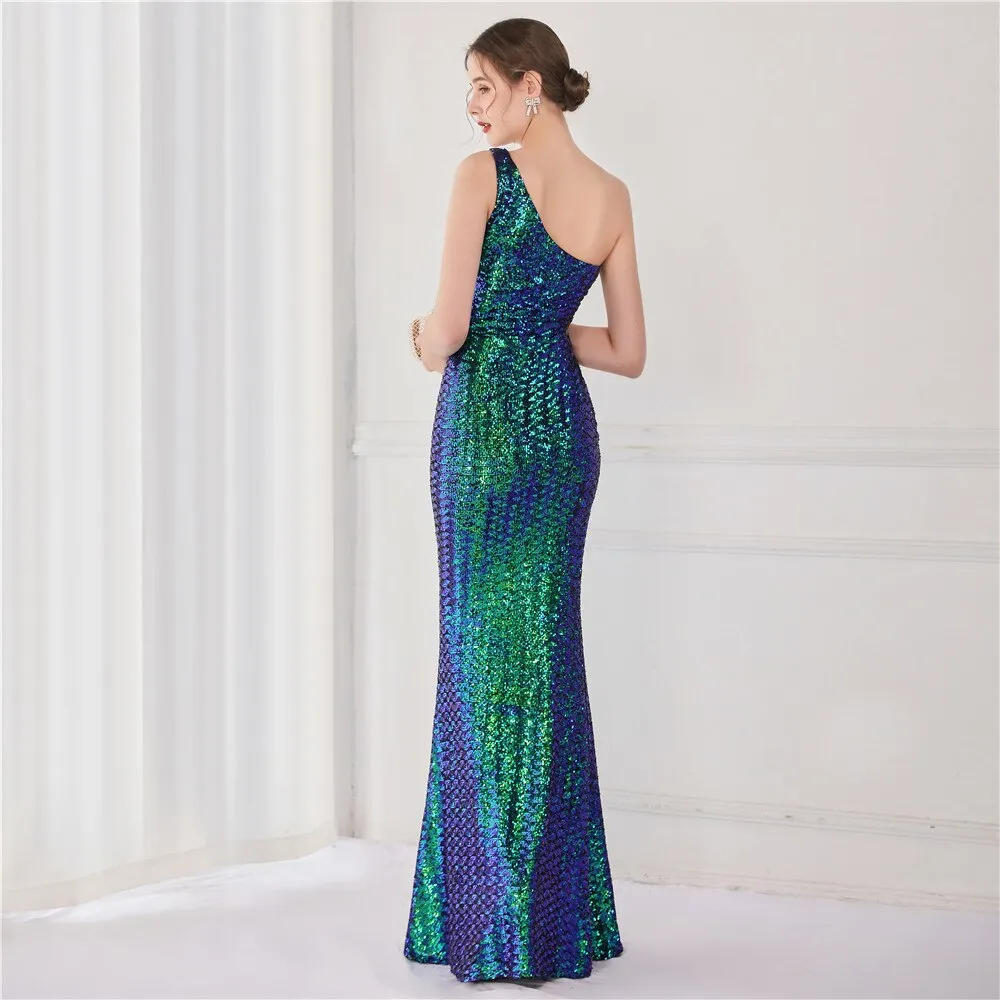 BerriesJam - 2024 One Shoulder Sleeveless Sequin Party Formal Maxi Dress